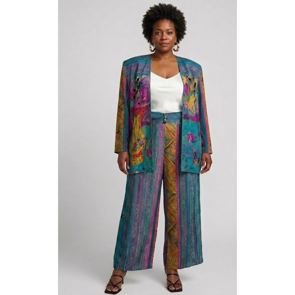 VTG Casual Corner Rayon 2pc Set 8 10 Teal Floral Poetcore Boho Artsy Festival